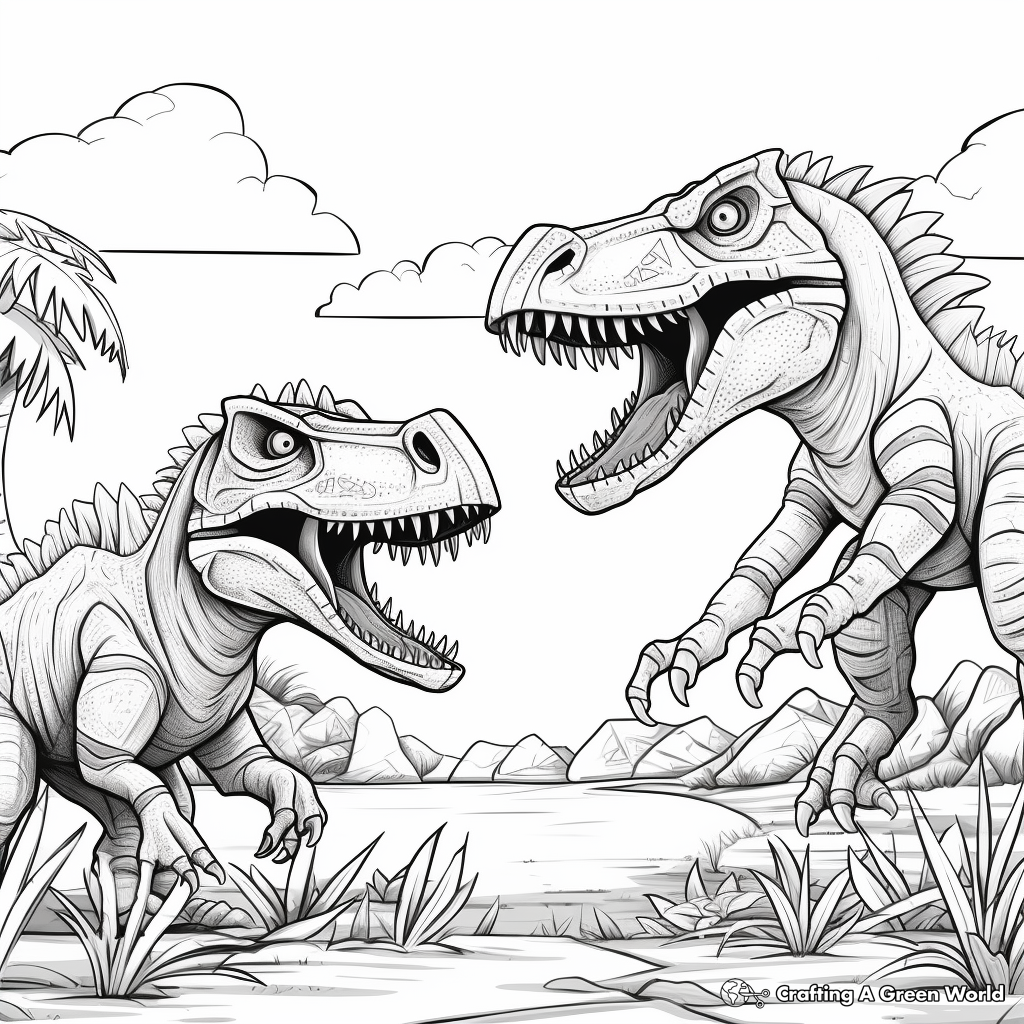 Prehistoric Jungle Spinosaurus vs T-Rex Coloring Pages 1