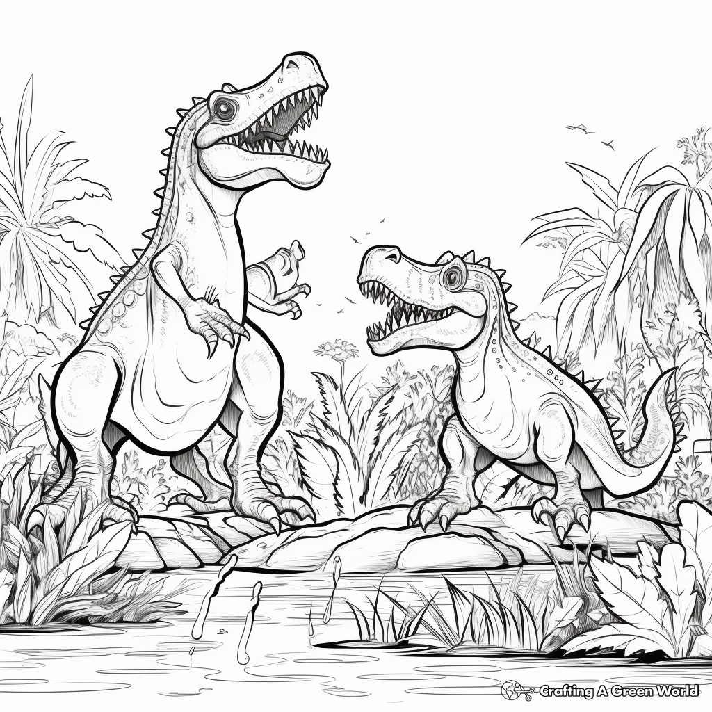 Prehistoric Jungle Spinosaurus vs T-Rex Coloring Pages 2