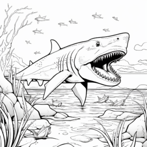 Prehistoric Ocean Megalodon Scene Coloring Pages 1