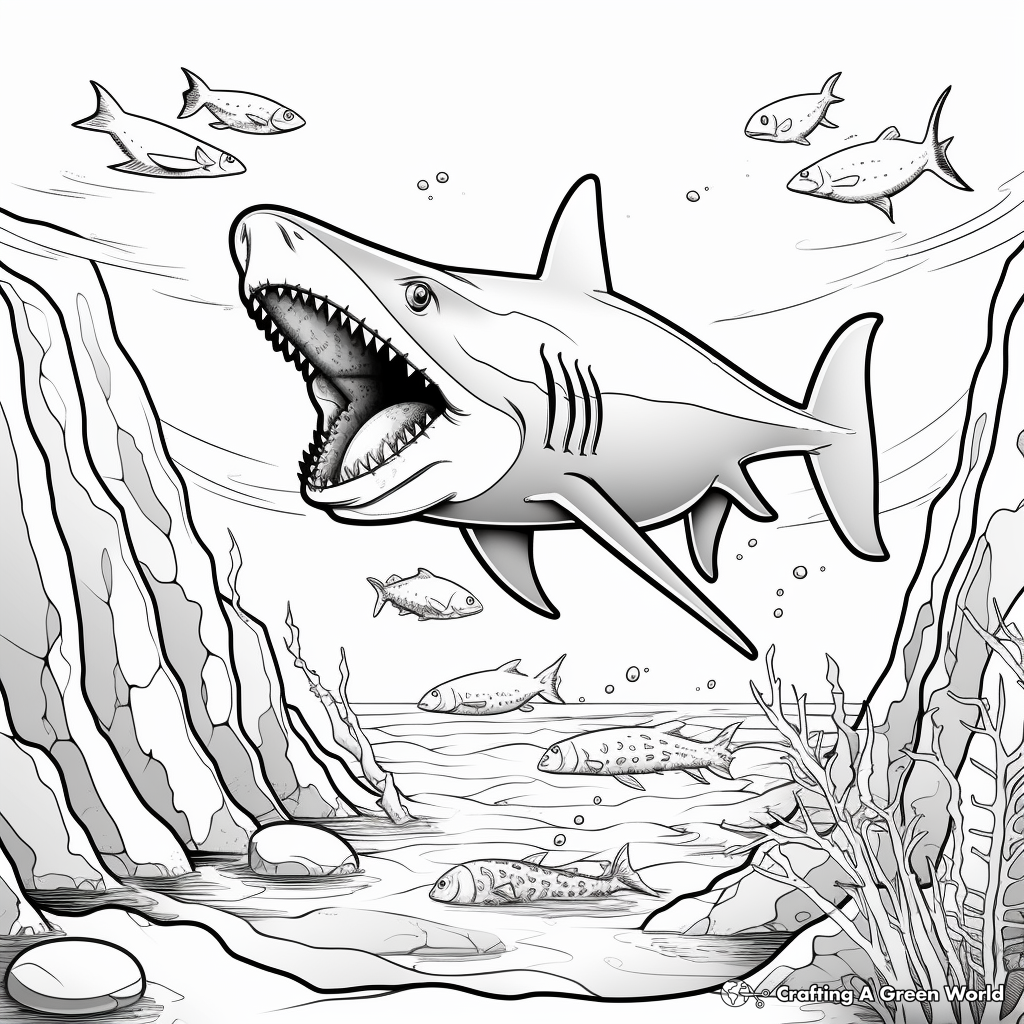 Prehistoric Ocean Megalodon Scene Coloring Pages 4