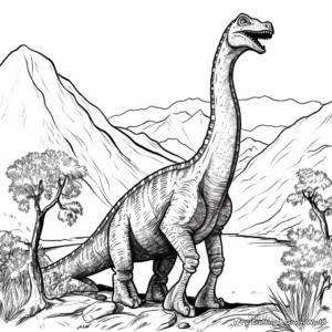 Prehistoric Scene: Diplodocus and Volcanoes Coloring Pages 1
