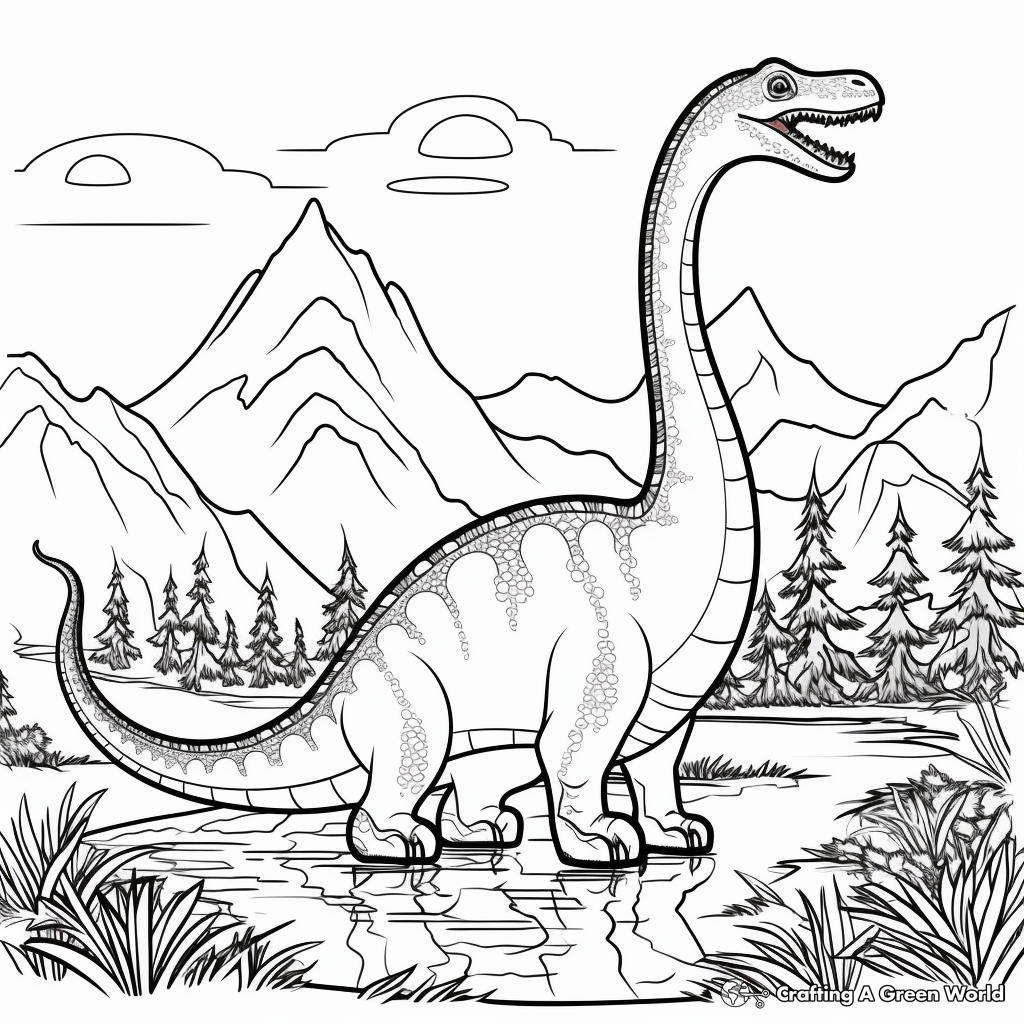 Prehistoric Scene: Diplodocus and Volcanoes Coloring Pages 2