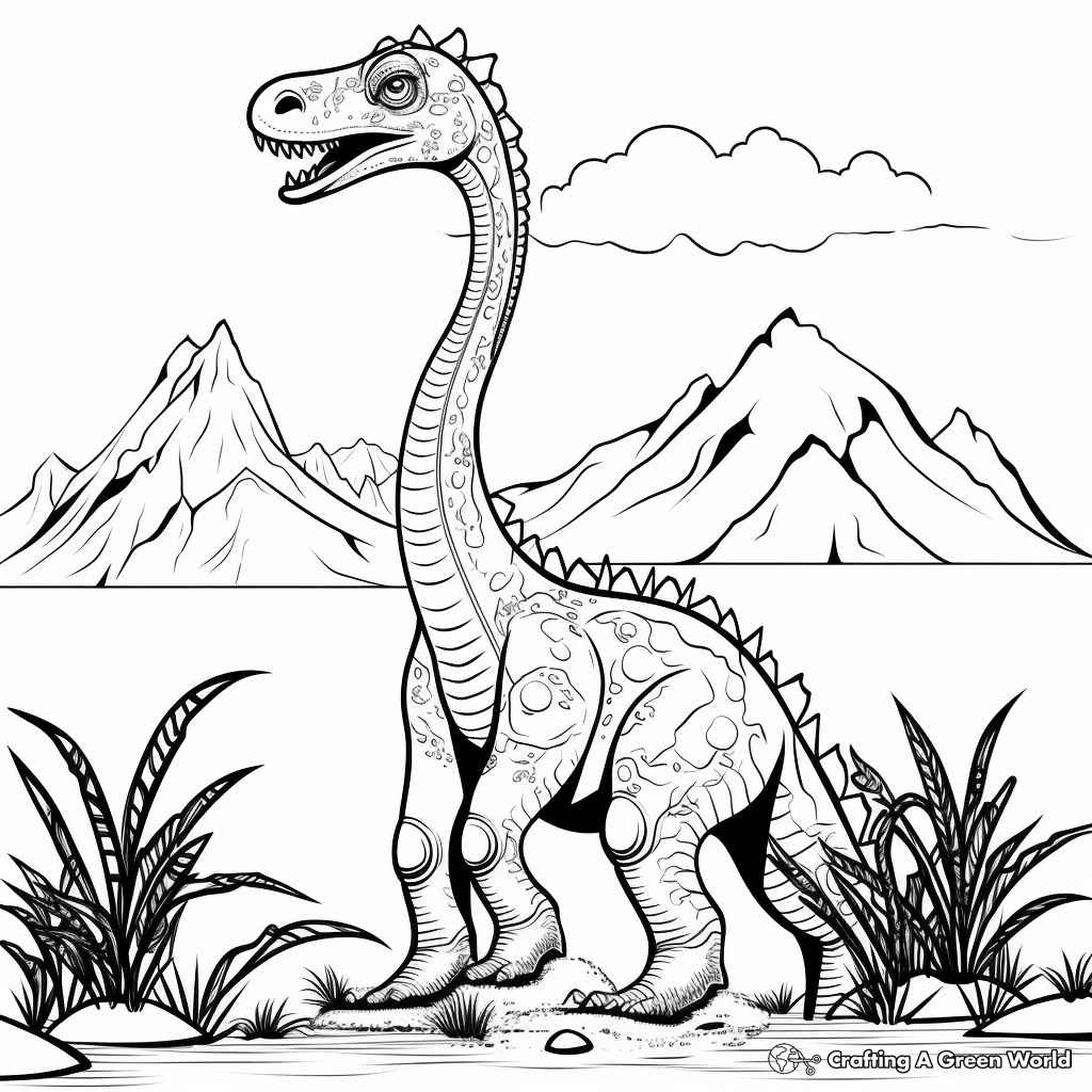 Prehistoric Scene: Diplodocus and Volcanoes Coloring Pages 4
