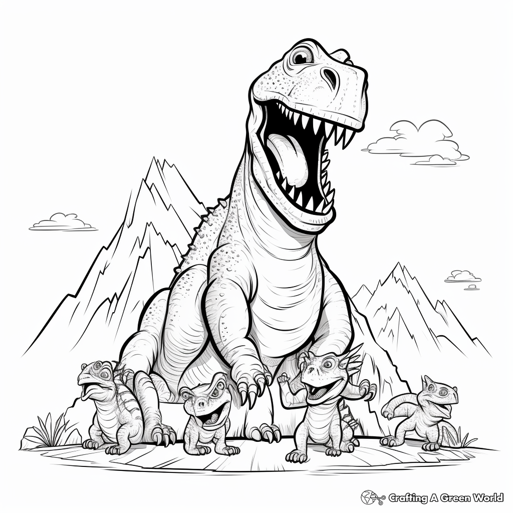 Printable Active Volcano and Dinosaurs Coloring Pages 3