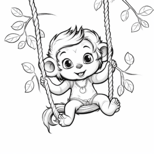 Printable Baby Girl Monkey Swinging on Branch Coloring Pages 1