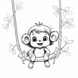 Printable Baby Girl Monkey Swinging on Branch Coloring Pages 2