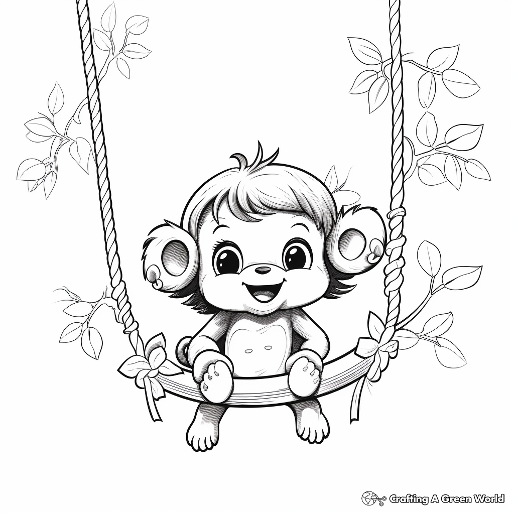 Printable Baby Girl Monkey Swinging on Branch Coloring Pages 2