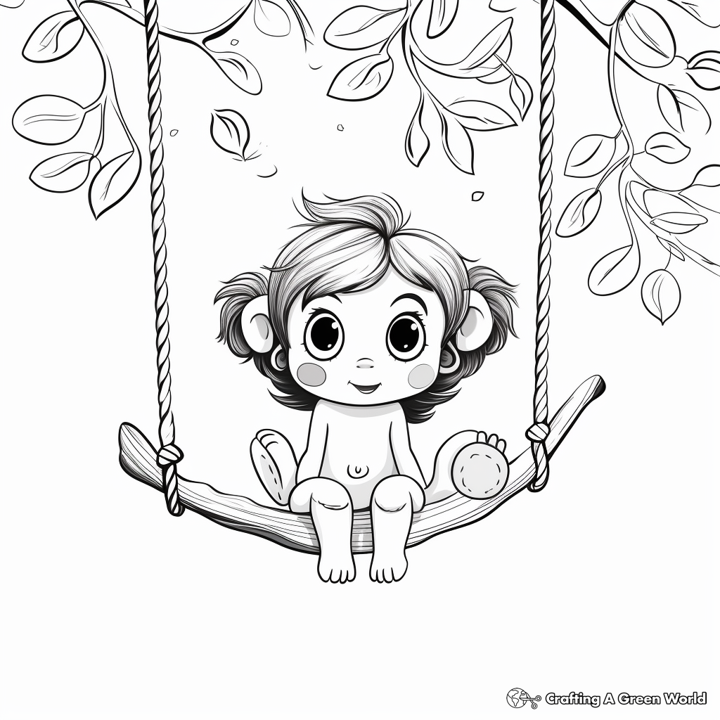 Printable Baby Girl Monkey Swinging on Branch Coloring Pages 3