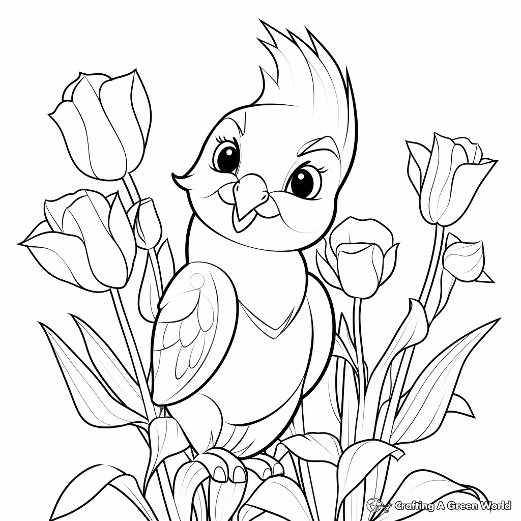 Printable Cockatiel and Tulips Coloring Pages for Artists 3