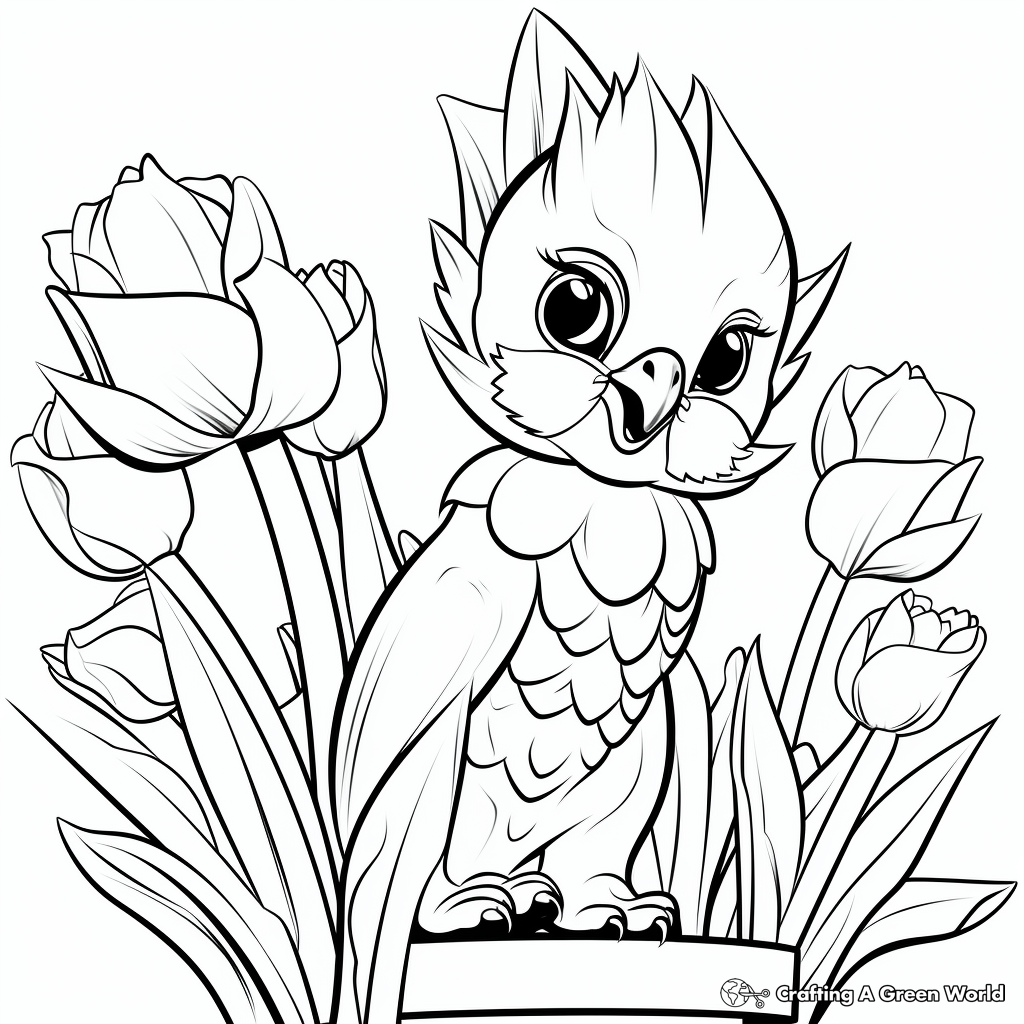 Printable Cockatiel and Tulips Coloring Pages for Artists 4