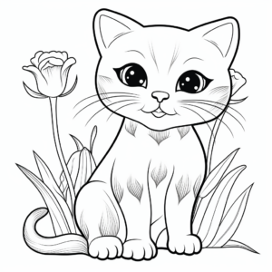 Printable Scottish Fold and Daffodil Coloring Pages 1