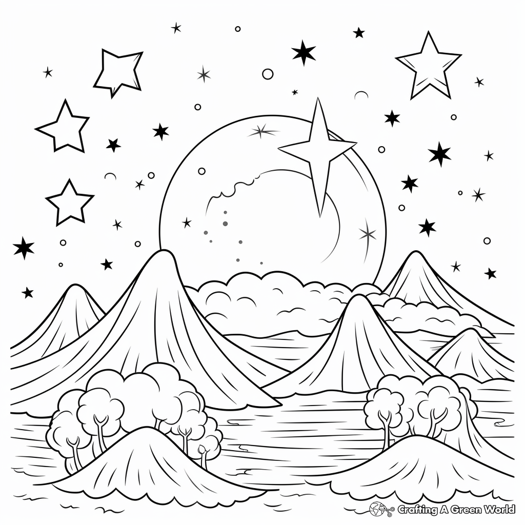 Printable Sun and Star Night Scene Coloring Pages 1
