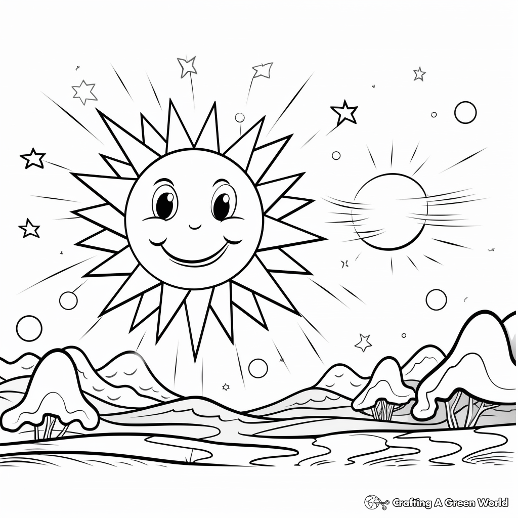 Printable Sun and Star Night Scene Coloring Pages 3