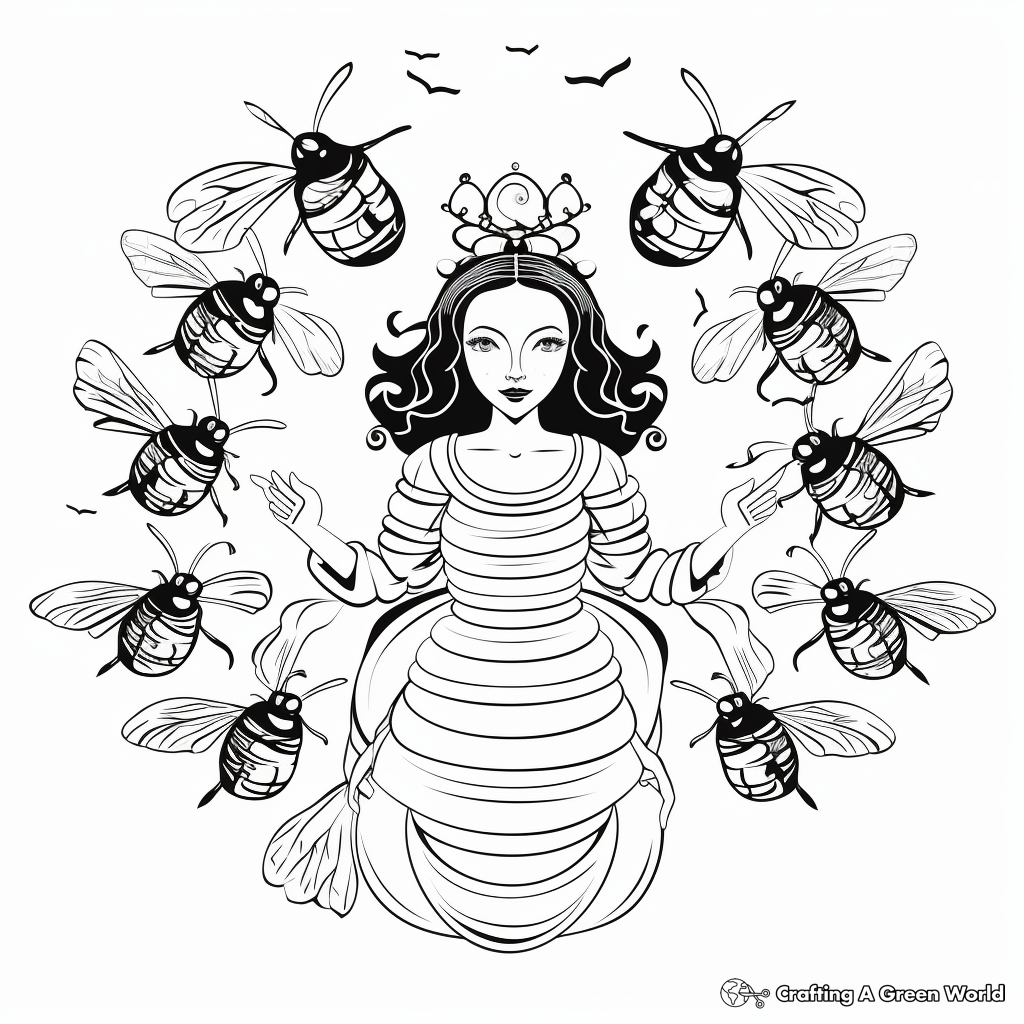Queen Bee in a Swarm Coloring Pages 2