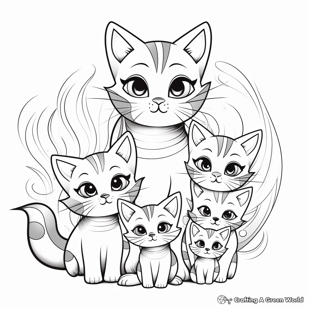 Rainbow Cat Family Coloring Pages: Mom, Dad, and Kittens 1