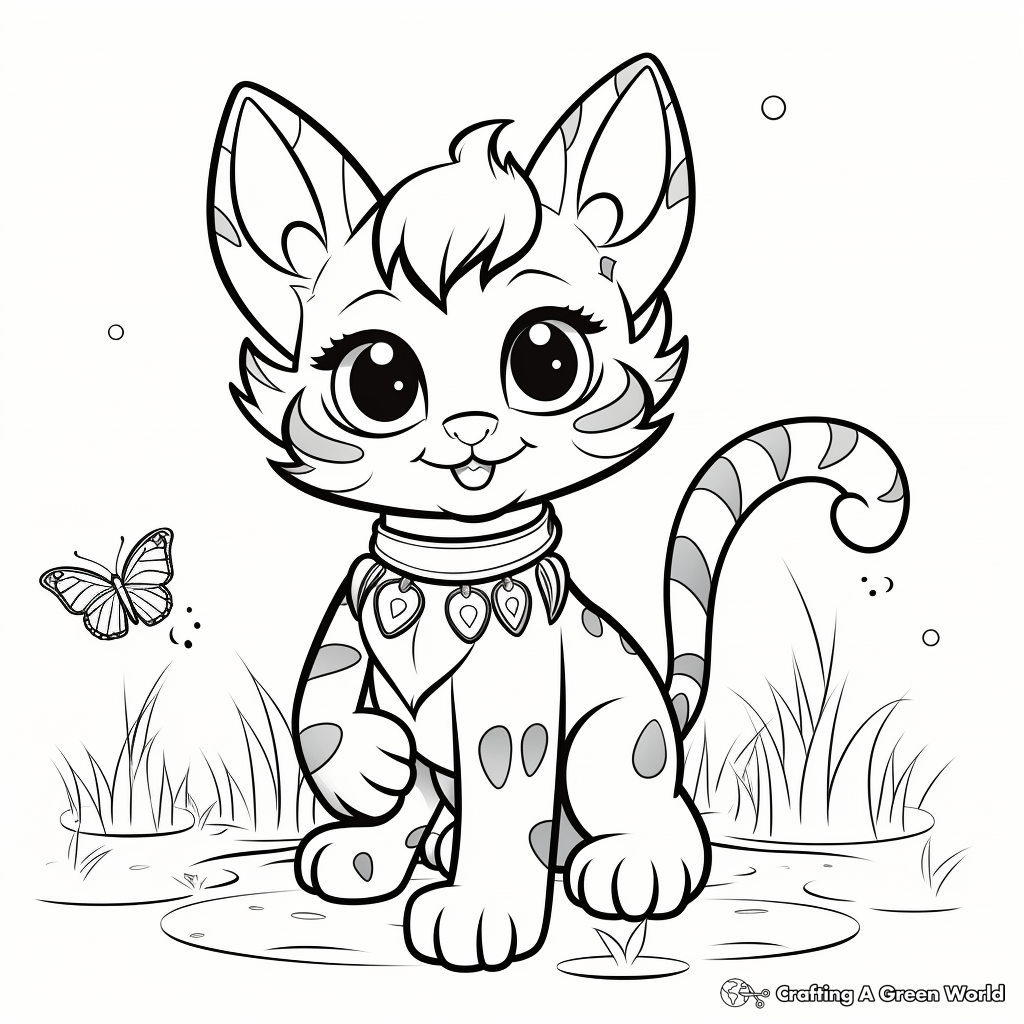 Rainbow Cat with Butterfly Friends Coloring Pages 2