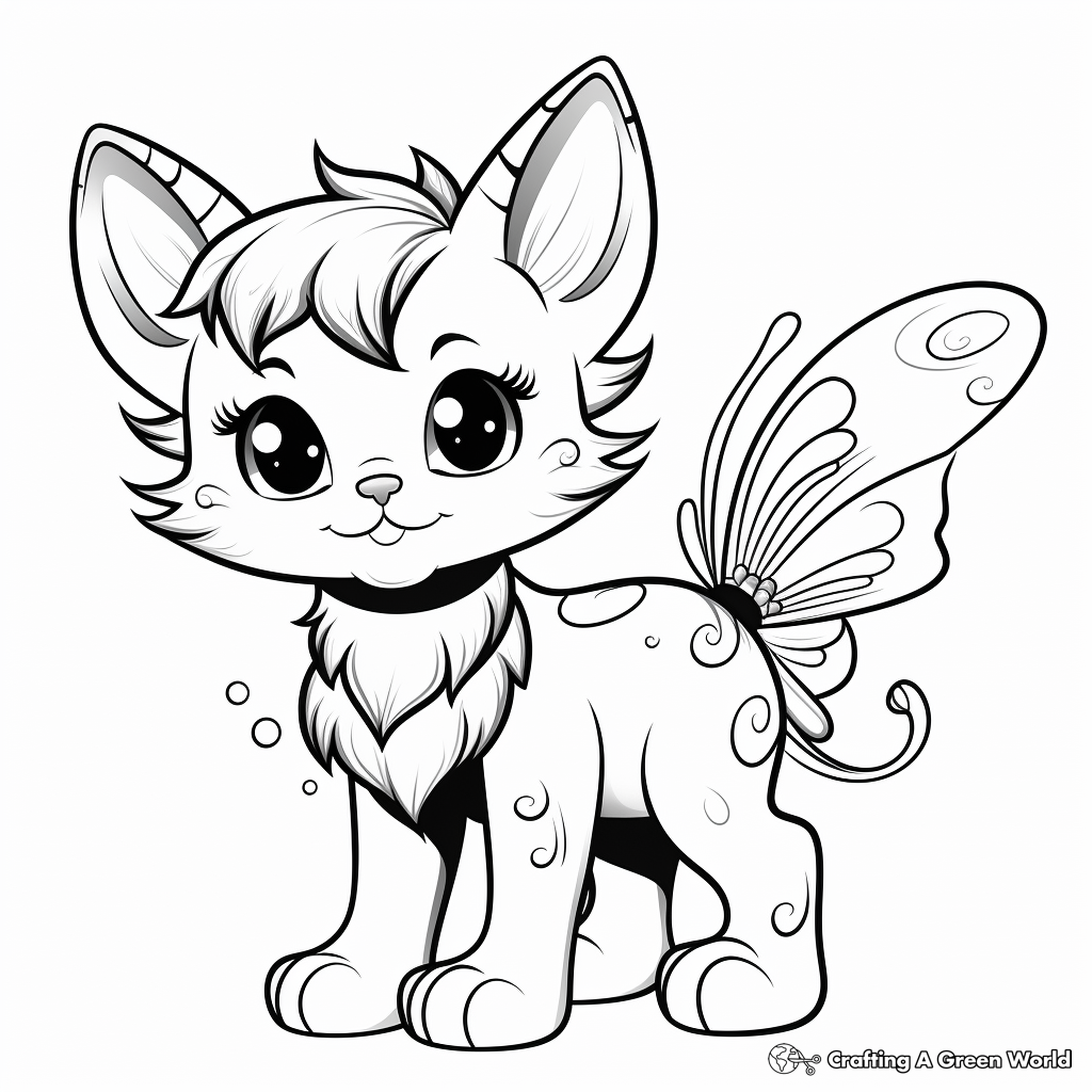 Rainbow Cat with Butterfly Friends Coloring Pages 3