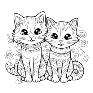 Rainbow colored Two Cats Coloring Pages 1