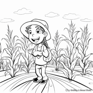 Rainbow Corn Harvest Coloring Pages: Field, Farmer, and Corn 1