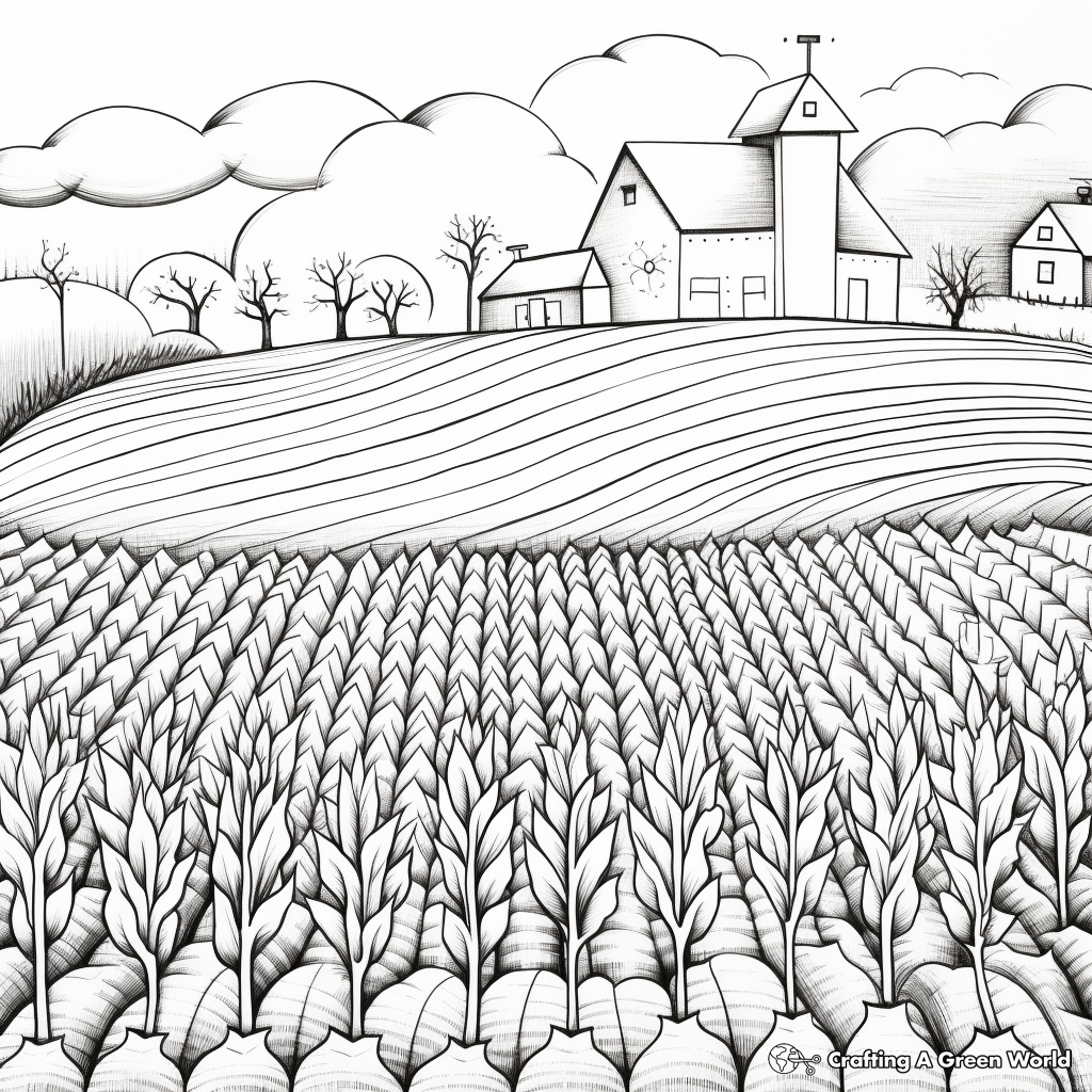 Rainbow Corn in the Field: Countryside Scene Coloring Pages 1