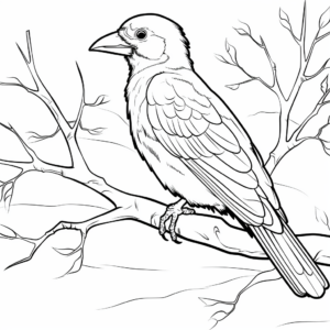Raven on Branch: Nature-Themed Coloring Pages 1
