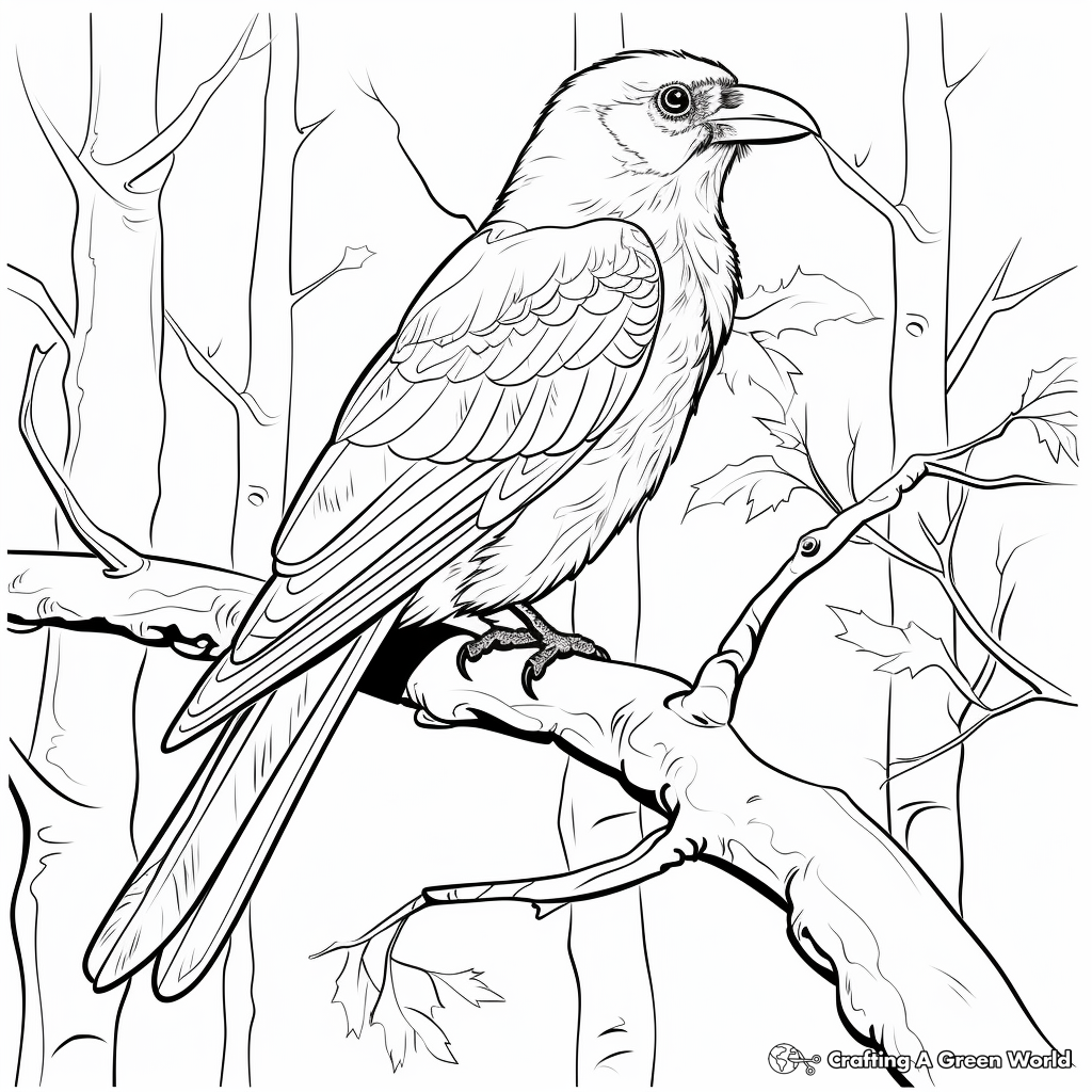 Raven on Branch: Nature-Themed Coloring Pages 2