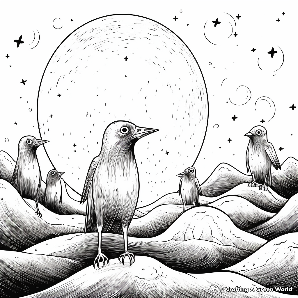 Ravens and Full Moon: Spooky Coloring Pages 2