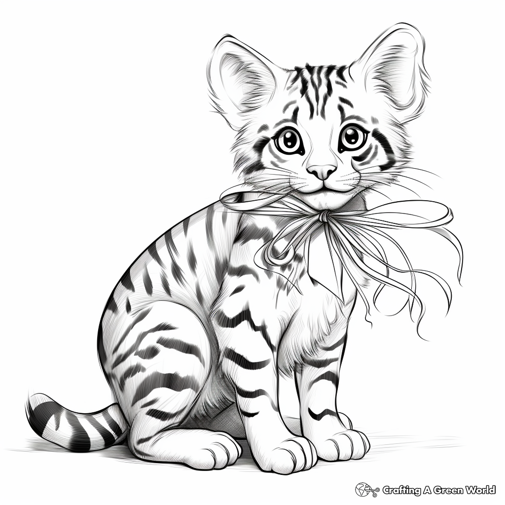 Realistic Bengal Cat with Bow Coloring Pages 2