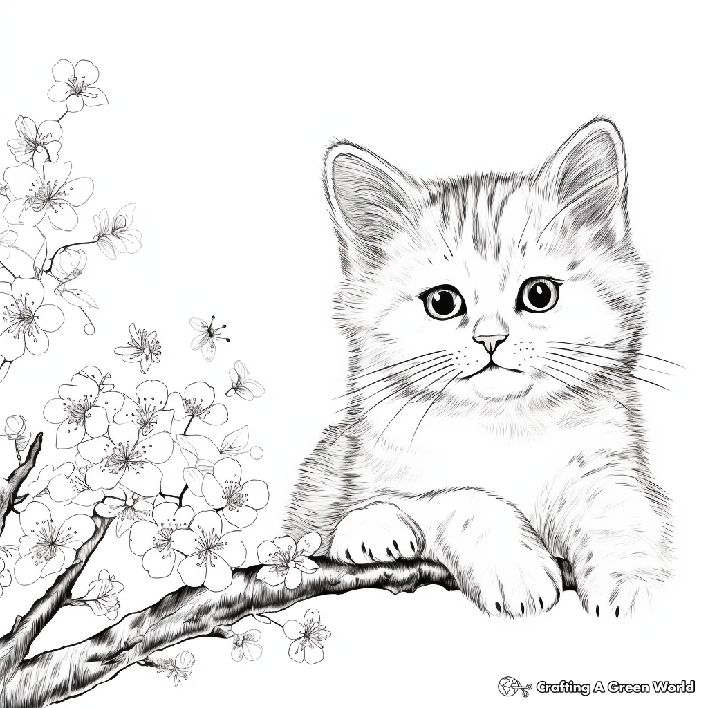 Realistic British Shorthair and Cherry Blossom Coloring Pages 1