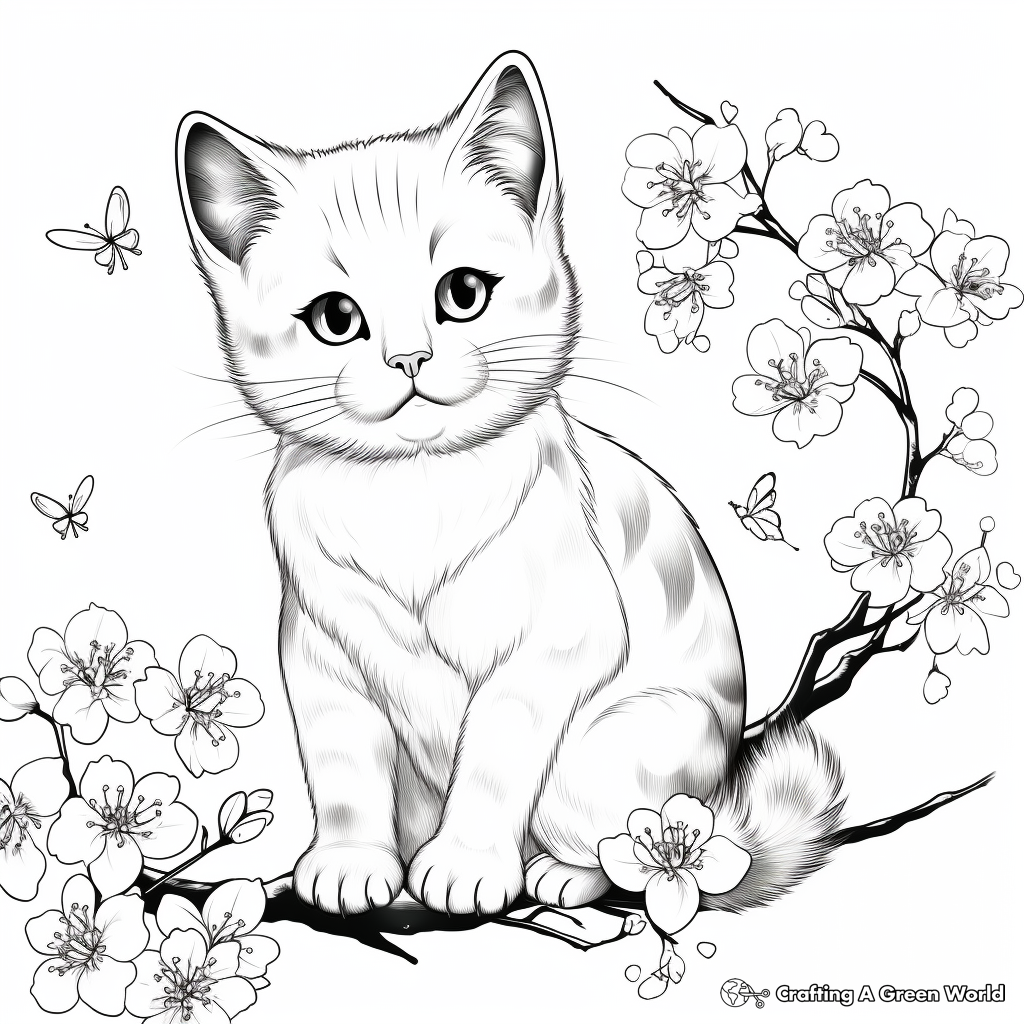 Realistic British Shorthair and Cherry Blossom Coloring Pages 2