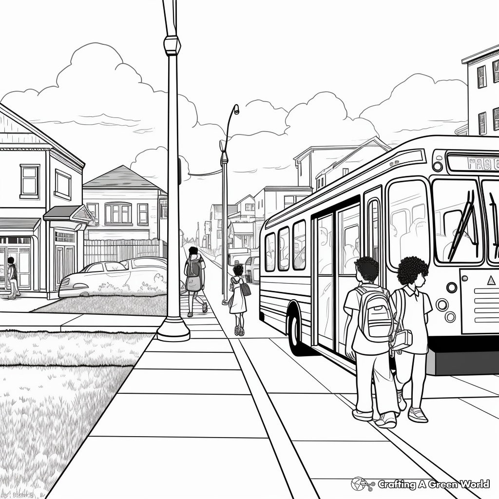 Realistic Bus Stop Scene Coloring Pages 1