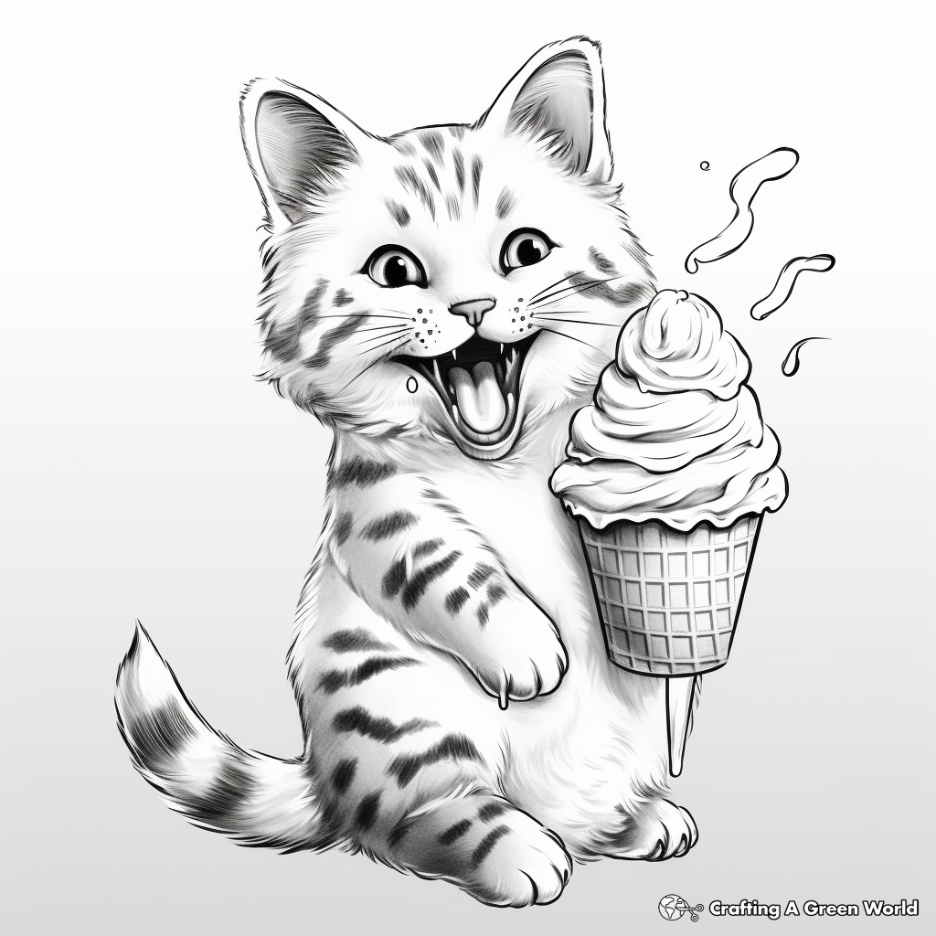 Realistic Cat Licking Ice Cream Coloring Sheets 1