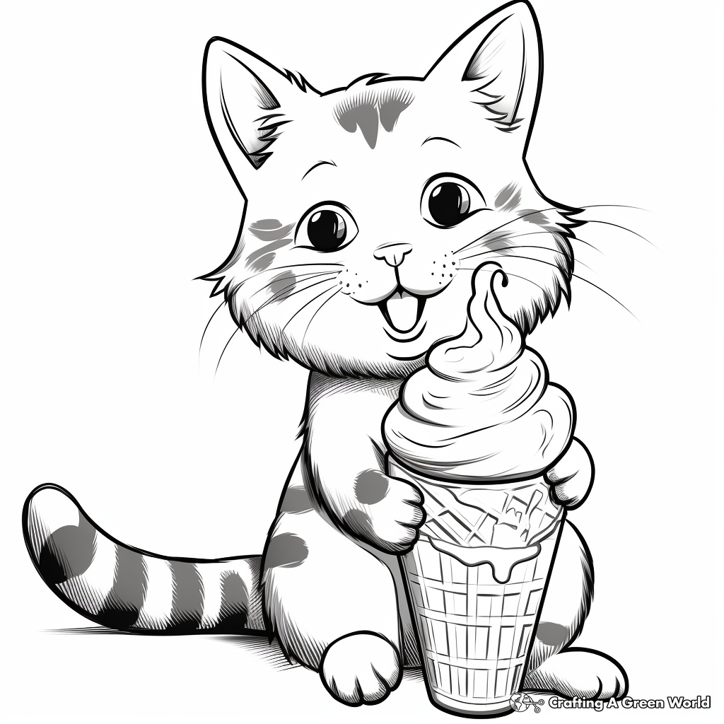 Realistic Cat Licking Ice Cream Coloring Sheets 4