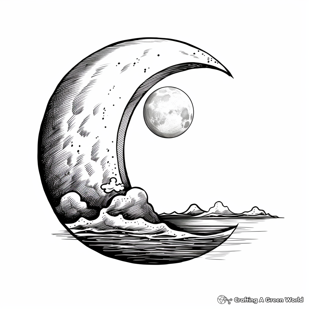 Realistic Crescent Moon Over the Ocean Coloring Sheets 2