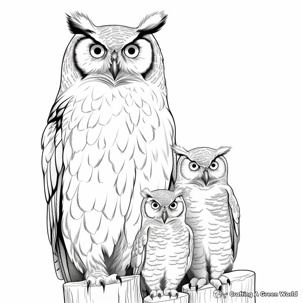 Realistic Eagle Owl Family Coloring Pages for Adults 2