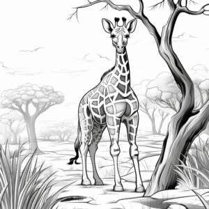 Realistic Giraffe in Habitat Coloring Pages 1