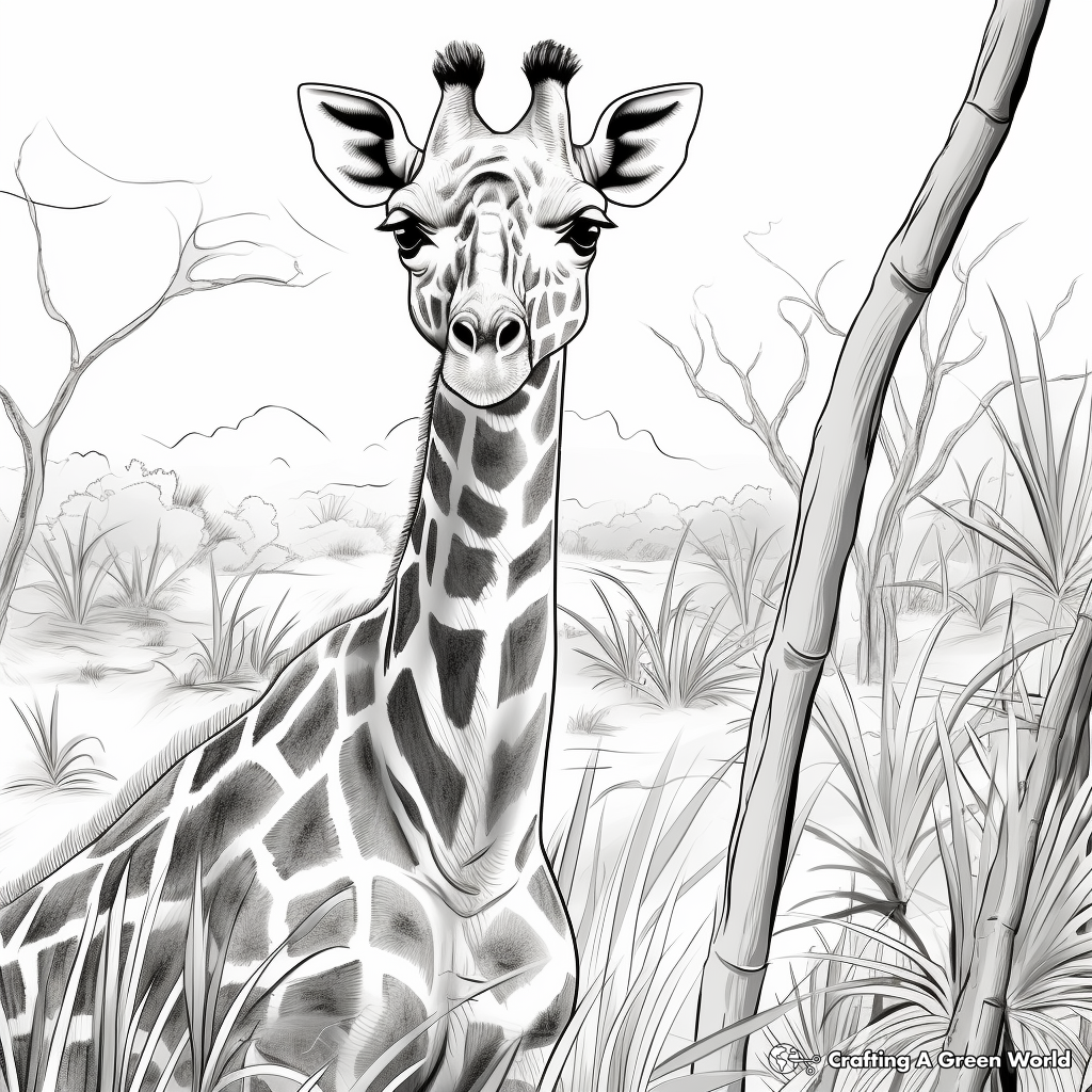 Realistic Giraffe in Habitat Coloring Pages 2