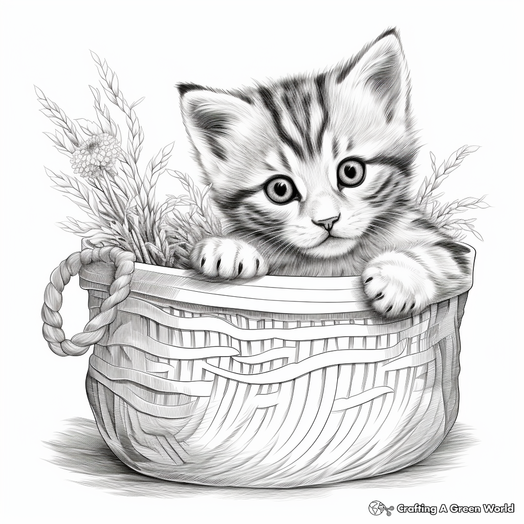 Realistic Kitten in a Basket Coloring Pages 2