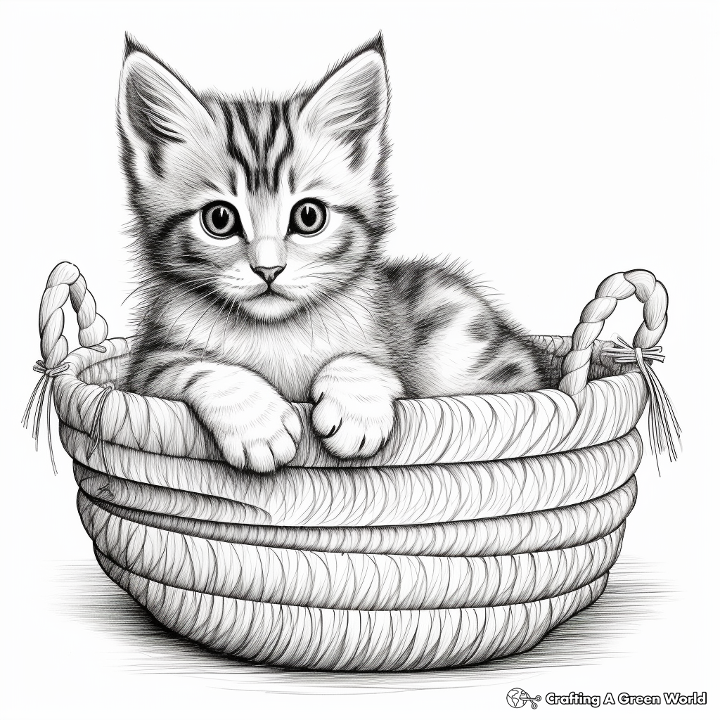 Realistic Kitten in a Basket Coloring Pages 3