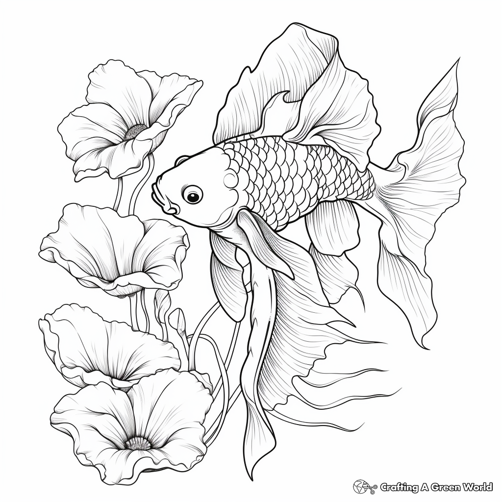 Realistic Lotus and Koi Fish Coloring Sheets 2
