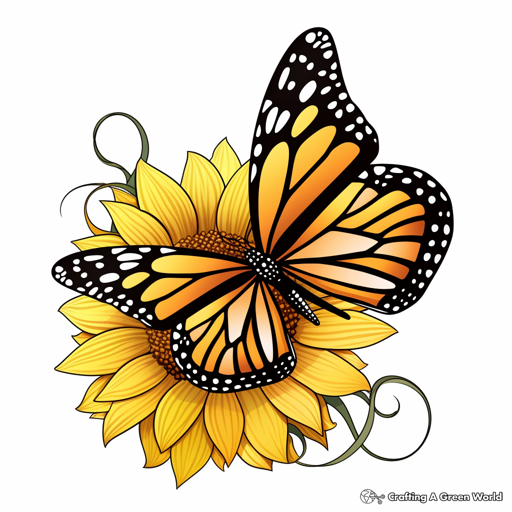 Realistic Monarch Butterfly on a Sunflower Coloring Pages 4