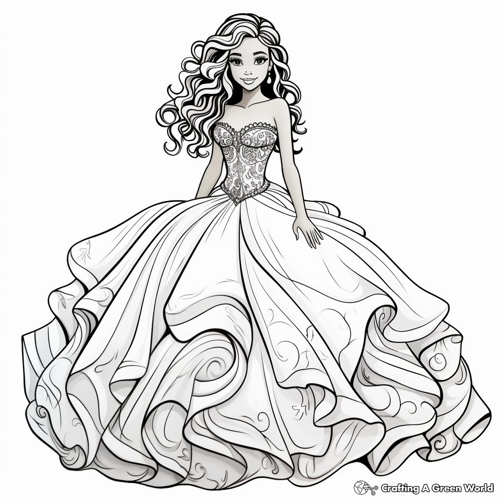 Realistic Quinceanera Ball Gown Dress Coloring Pages 2