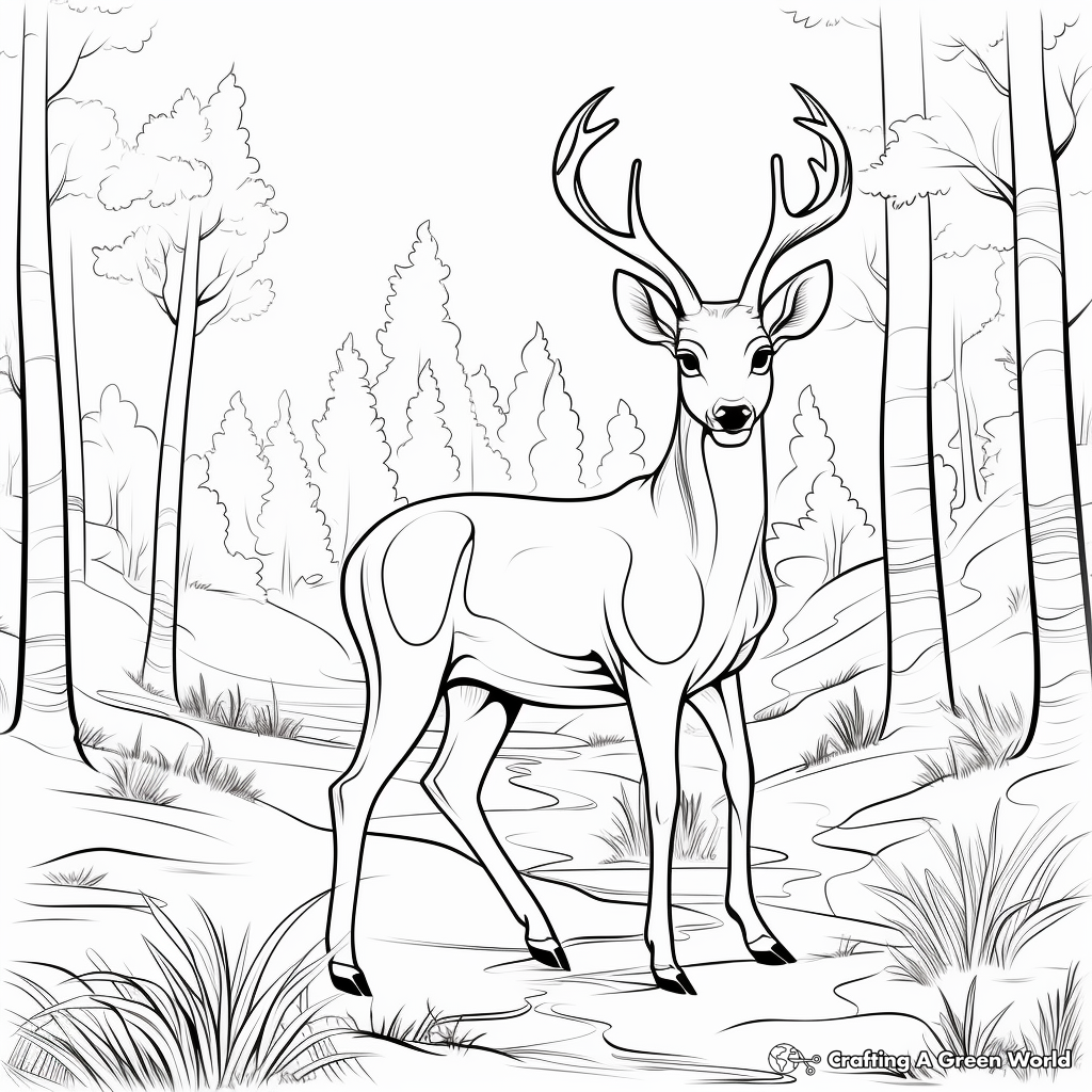 Red Deer in Forest Scene Coloring Pages 1