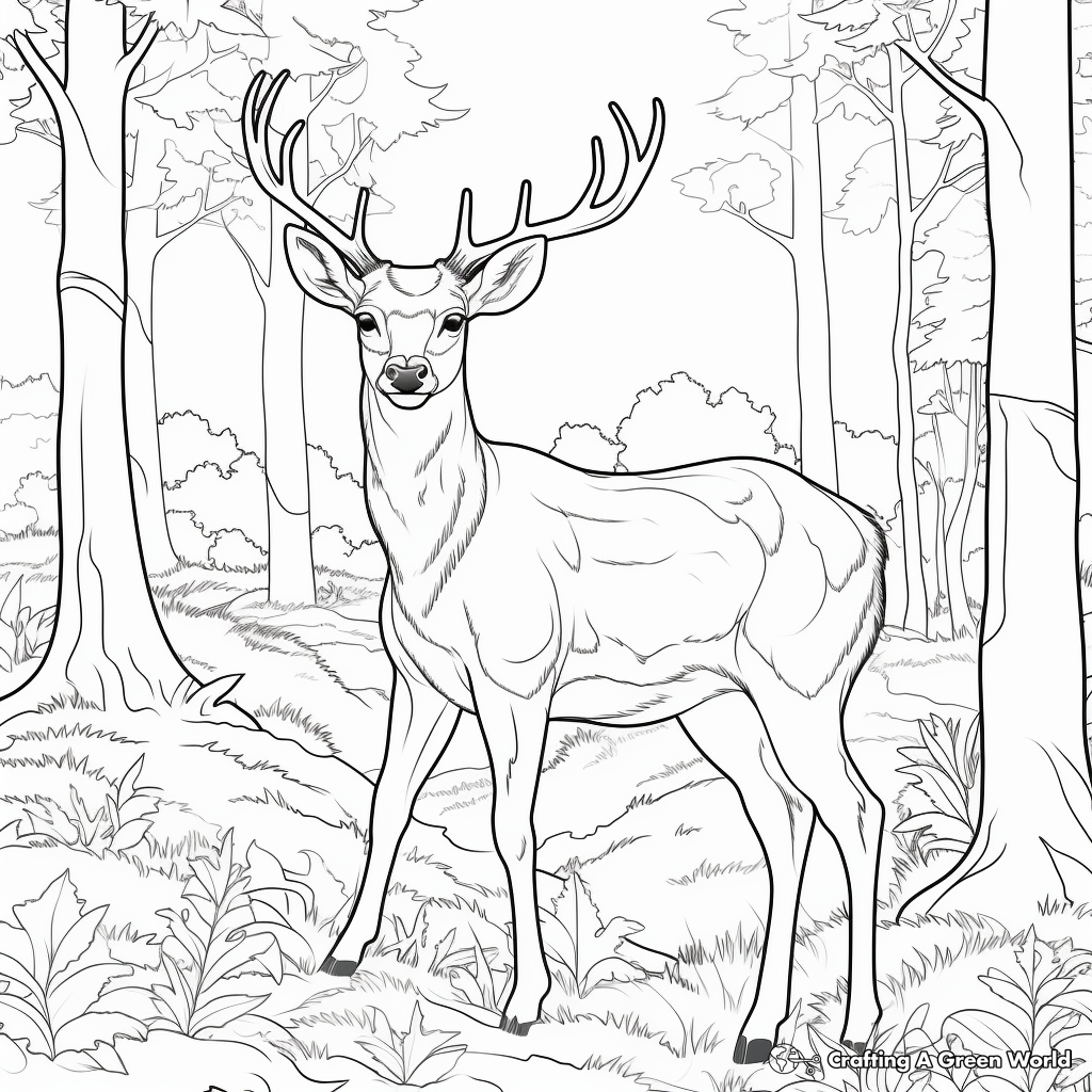 Red Deer in Forest Scene Coloring Pages 3