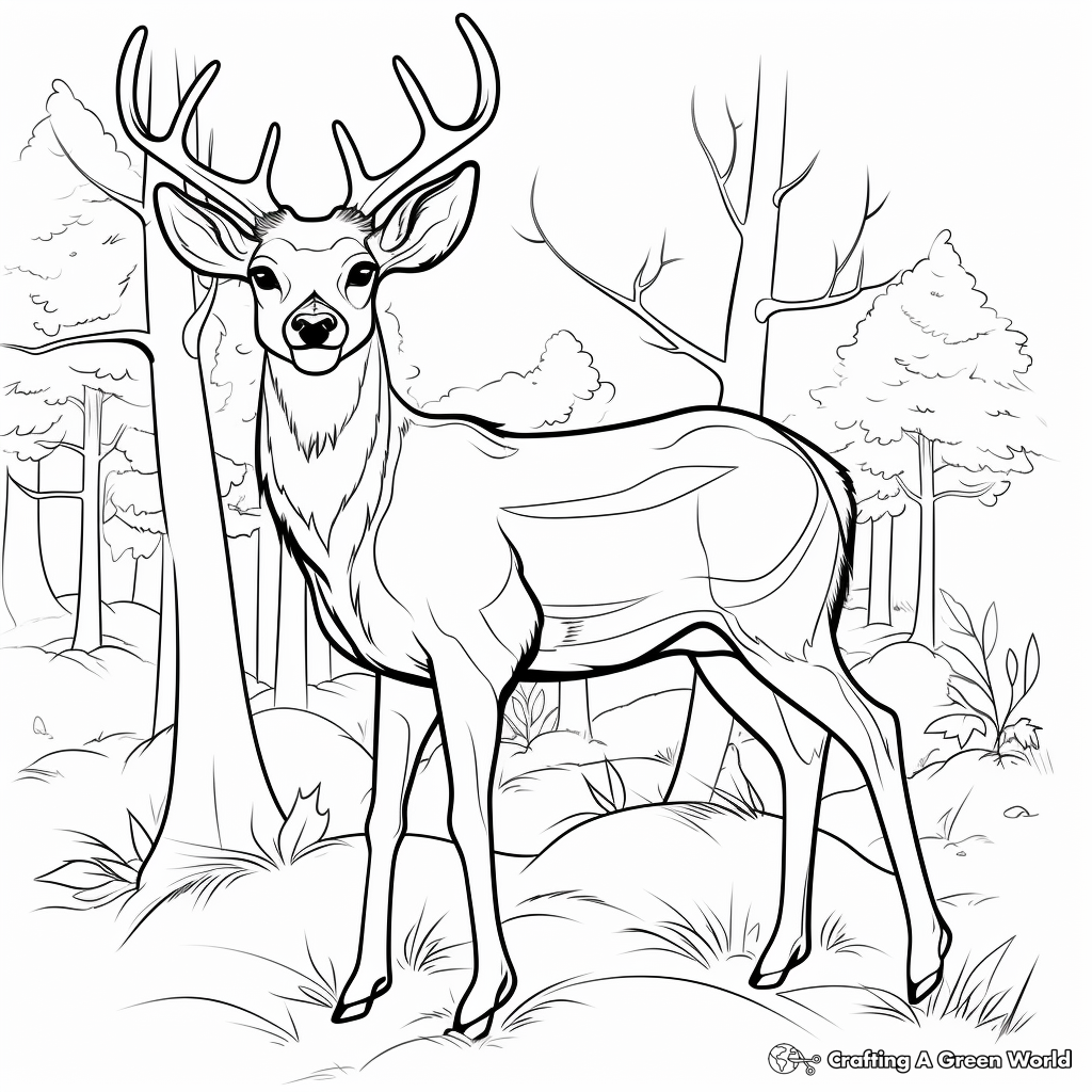 Red Deer in Forest Scene Coloring Pages 4