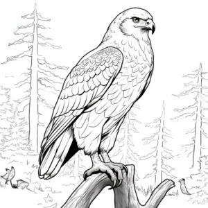 Red Tailed Hawk and Forest Background Coloring Pages 1