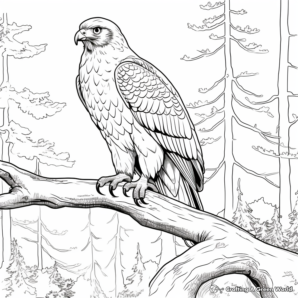 Red Tailed Hawk and Forest Background Coloring Pages 2