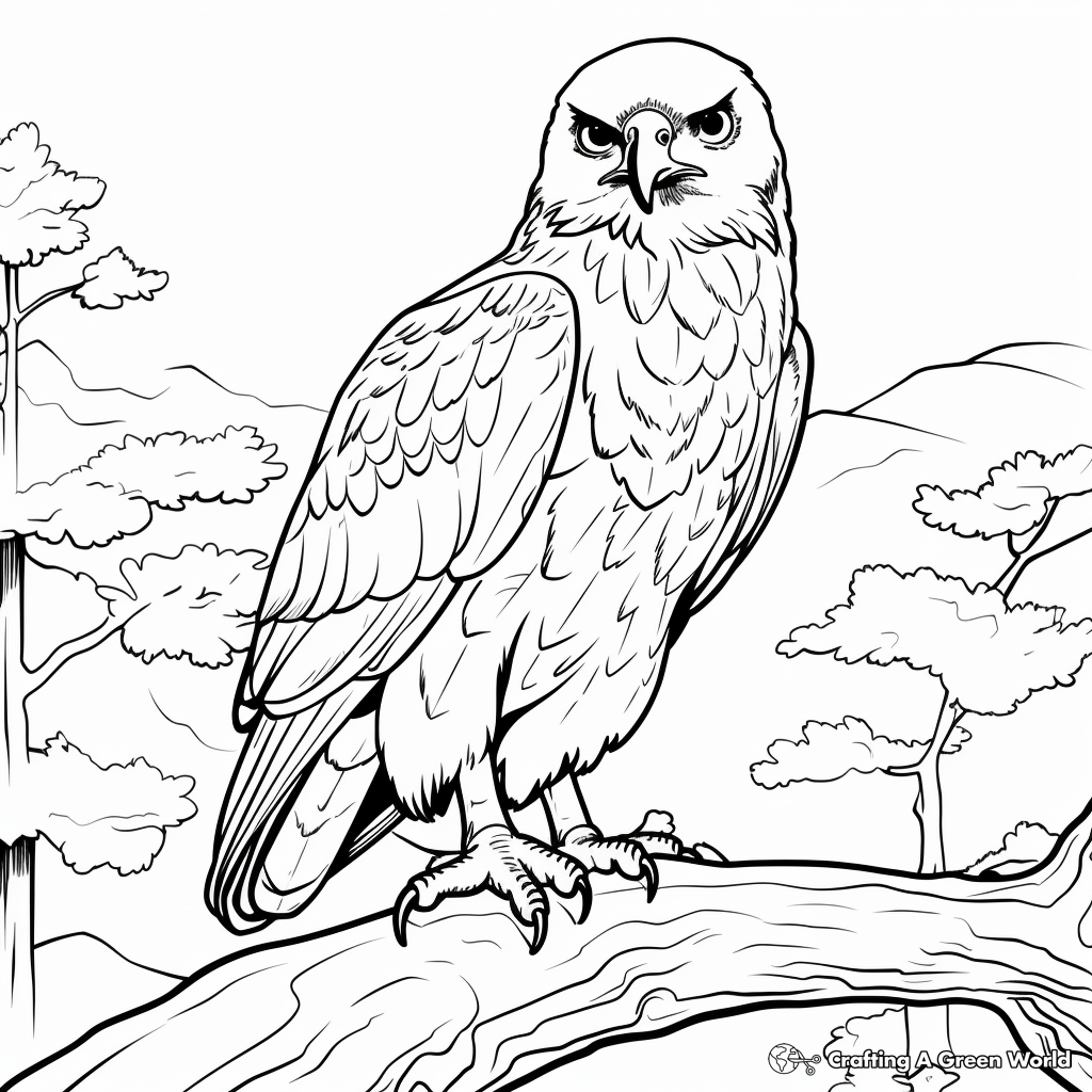 Red Tailed Hawk and Forest Background Coloring Pages 3