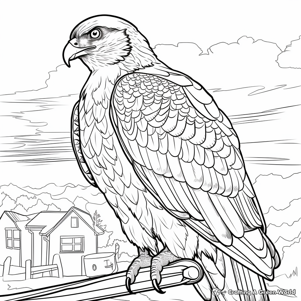 Red Tailed Hawk and Stunning Sunset Scene Coloring Pages 1