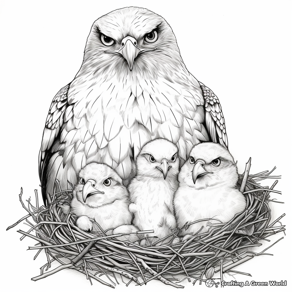 Red Tailed Hawk Family Coloring Pages: Male, Female, and Chicks 2